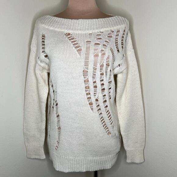 MK Michael Kors Wool Blend Sweater Small Womens Cream Distressed Boat Neck Knit - Picture 1 of 7